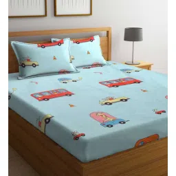 arrabi Blue Characters 300 TC Cotton Blend Double Size Bedsheet With 2 Pillow Covers-picture-19