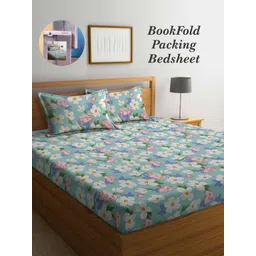 Arrabi Bookfold Blue & White Floral Printed 300 TC King Bedsheet With 2 Pillow Covers-picture-10