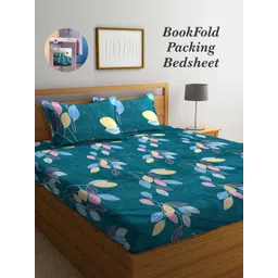 Arrabi Bookfold Green & Blue Leaf Printed 300 TC King Bedsheet With 2 Pillow Covers-picture-19