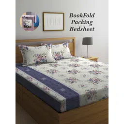 Arrabi Bookfold Off White & Blue Floral 300 TC King Bedsheet With 2 Pillow Covers image 1