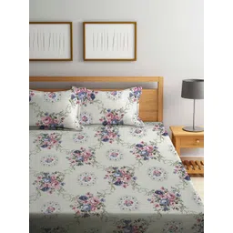 Arrabi Bookfold Off White & Blue Floral 300 TC King Bedsheet With 2 Pillow Covers image 2