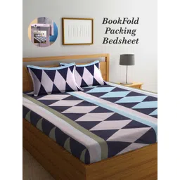 Arrabi Bookfold Pink & Navy Blue Geometric 300 TC King Bedsheet With 2 Pillow Covers-picture-23