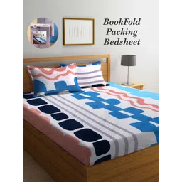Arrabi Bookfold White & Blue Graphic Printed 300 TC King Bedsheet & Pillow Covers-picture-20