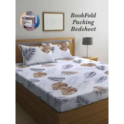Arrabi Bookfold White & Brown Leaf 300 TC King Bedsheet With 2 Pillow Covers-picture-33