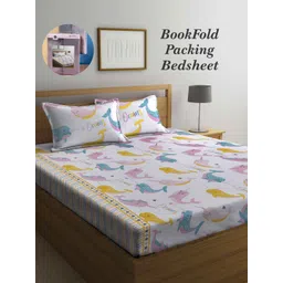 Arrabi Bookfold White & Pink Conversational 300 TC King Bedsheet With 2 Pillow Covers-picture-37