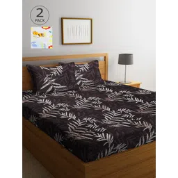 Arrabi Brown & Off White Floral 300 TC 2 King Bedsheet with 4 Pillow Covers-picture-34