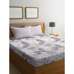 Arrabi Brown & Yellow Floral 300 TC Flat King Bedsheet with 2 Pillow Covers image 1