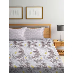 Arrabi Brown & Yellow Floral 300 TC Flat King Bedsheet with 2 Pillow Covers image 2