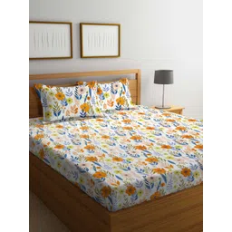 Arrabi Cream-Coloured & Yellow Floral 300 TC Flat King Bedsheet with 2 Pillow Covers-picture-25