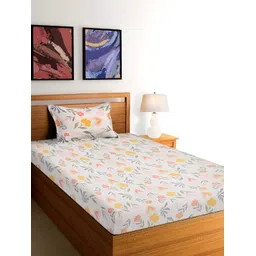 Arrabi Cream-Coloured & Yellow Floral 300 TC Single Bedsheet With 1 Pillow Cover-picture-13