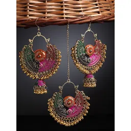 Arrabi Gold-Toned & Pink Oxidised Maang Tika & Earrings Set-image-24