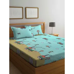 Arrabi Green & Beige Cartoon Characters 300 TC King Bedsheet with 2 Pillow Covers-image-45