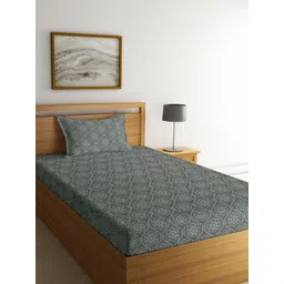 Arrabi Green & Grey Floral 300 TC Cotton Single Bedsheet with 1 Pillow Covers-image-23