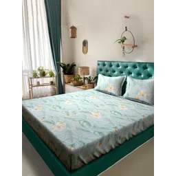 Arrabi Green & Grey Floral 300 TC King Bedsheet with 2 Pillow Covers-image-48