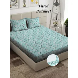 Arrabi Green & Off White Floral 300 TC King Bedsheet with 2 Pillow Covers-image-49