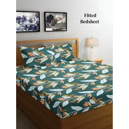 Arrabi Green & Orange Floral 300 TC Fitted King Bedsheet with 2 Pillow Covers-picture-15