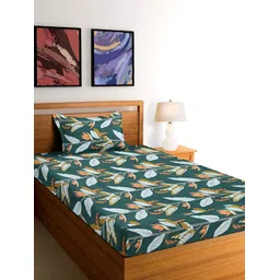 Arrabi Green & White Ethnic Motifs 300 TC Single Bedsheet With 1 Pillow Cover-picture-23