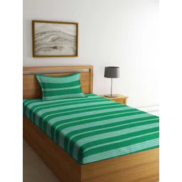 Arrabi Green Striped 300 TC Single Bedsheet with 1 Pillow Covers-image-16