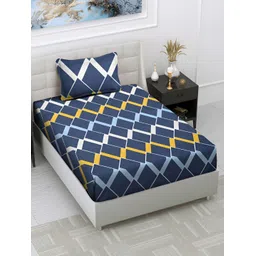 Arrabi Grey & Blue Geometric 300 TC Single Bedsheet With 1 Pillow Cover-picture-39