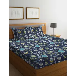 Arrabi Grey & Green Floral 300 TC Flat King Bedsheet with 2 Pillow Covers-picture-14