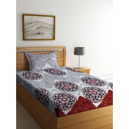 Arrabi Grey & Red Ethnic Motifs 300 TC Single Bedsheet with 1 Pillow Covers-picture-37
