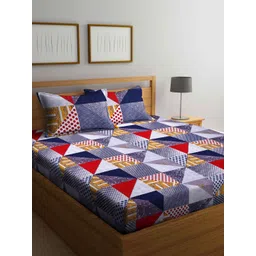 Arrabi Grey & Red Geometric 300 TC Super King Bedsheet with 2 Pillow Covers-picture-17