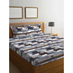 Arrabi Grey & White Geometric 300 TC King Bedsheet with 2 Pillow Covers-picture-15