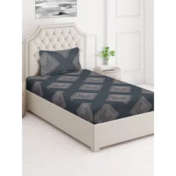 Arrabi Grey & White Geometric 350 TC Single Bedsheet with 1 Pillow Covers-picture-25