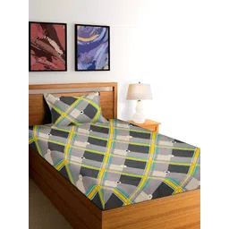 Arrabi Grey & Yellow Geometric 300 TC Single Bedsheet with Pillow Cover-picture-29