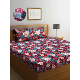Arrabi Maroon & Blue Floral 300 TC King Bedsheet with 2 Pillow Covers-picture-15