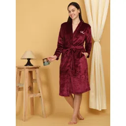 Arrabi Maroon Warm Woolen Fleece Bath Robe With Pockets-picture-16