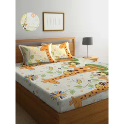 Arrabi Orange & Green Cartoon Characters 300 TC King Bedsheet with 2 Pillow Covers-picture-17