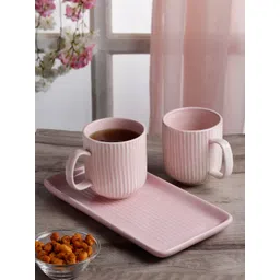 Arrabi Pink 3 Pieces Textured Ceramic Dishwasher Safe Glossy Mugs With Tray-image-1