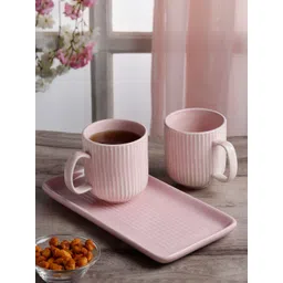 Arrabi Pink 3 Pieces Textured Ceramic Glossy Mugs With Tray 220ml-image-0