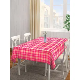 Arrabi Pink & Beige Checked Handwoven Cotton 6-Seater Table Cover-image-2