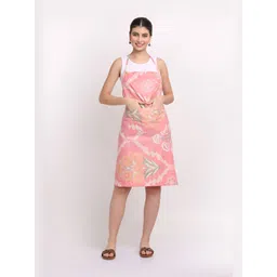 Arrabi Pink & Beige Floral Printed Cotton Aprons With 2 Patch Pockets-image-35