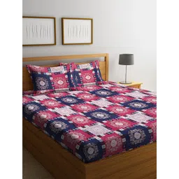 Arrabi Pink & Blue Ethnic Motifs 300 TC Flat King Bedsheet with 2 Pillow Covers-picture-34