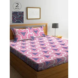 Arrabi Pink & White Geometric 300 TC 2 King Bedsheet with 4 Pillow Covers-picture-37