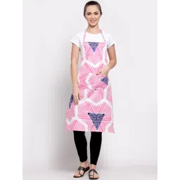 Arrabi Pink & White Geometric Printed Cotton Blend Apron-image-3