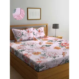 Arrabi Pink & Yellow Floral 300 TC King Bedsheet with 2 Pillow Covers-picture-31