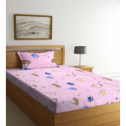 arrabi Pink Cartoon Printed 300 TC Cotton Blend Single Bedsheet with 1 Pillow Cover-picture-26