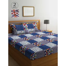 Arrabi Set Of 2 Blue & Grey Geometric 300 TC 2 King Bedsheet with 4 Pillow Covers-picture-20