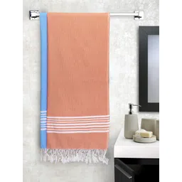 Arrabi Set Of 2 Blue & Orange Striped Handwoven Cotton 210 GSM Bath Towel-picture-14