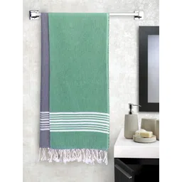 Arrabi Set Of 2 Green & Grey Striped Handwoven Cotton 210 GSM Bath Towel-picture-14