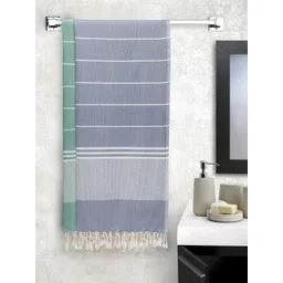 Arrabi Set Of 2 Grey & Green Striped Handwoven Cotton 210 GSM Bath Towel-picture-13