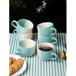 Arrabi Turquoise Blue & White 6 Pcs Handcrafted Printed Ceramic Stoneware Matte Cups-picture-20