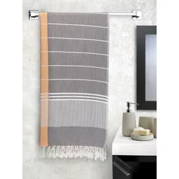 Arrabi Unisex Set Of 2 Grey & Orange Striped Cotton Bath Towels-picture-23