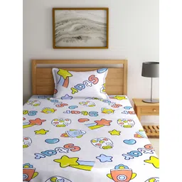 Arrabi White & Blue Conversational 300 TC Fitted Single Bedsheet with 1 Pillow Cover-picture-48