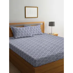 Arrabi White & Grey Geometric 300 TC Fitted King Bedsheet With 2 Pillow Covers-picture-11