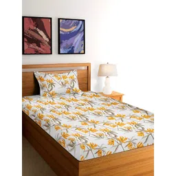Arrabi White & Orange Floral 300 TC Single Bedsheet with Pillow Cover-picture-21